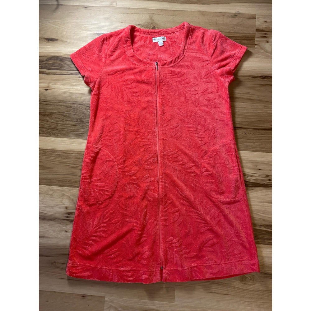 Miss Elaine Zip Front Robe Coral Pink Palm Leaf Terry Cloth Housecoat Small